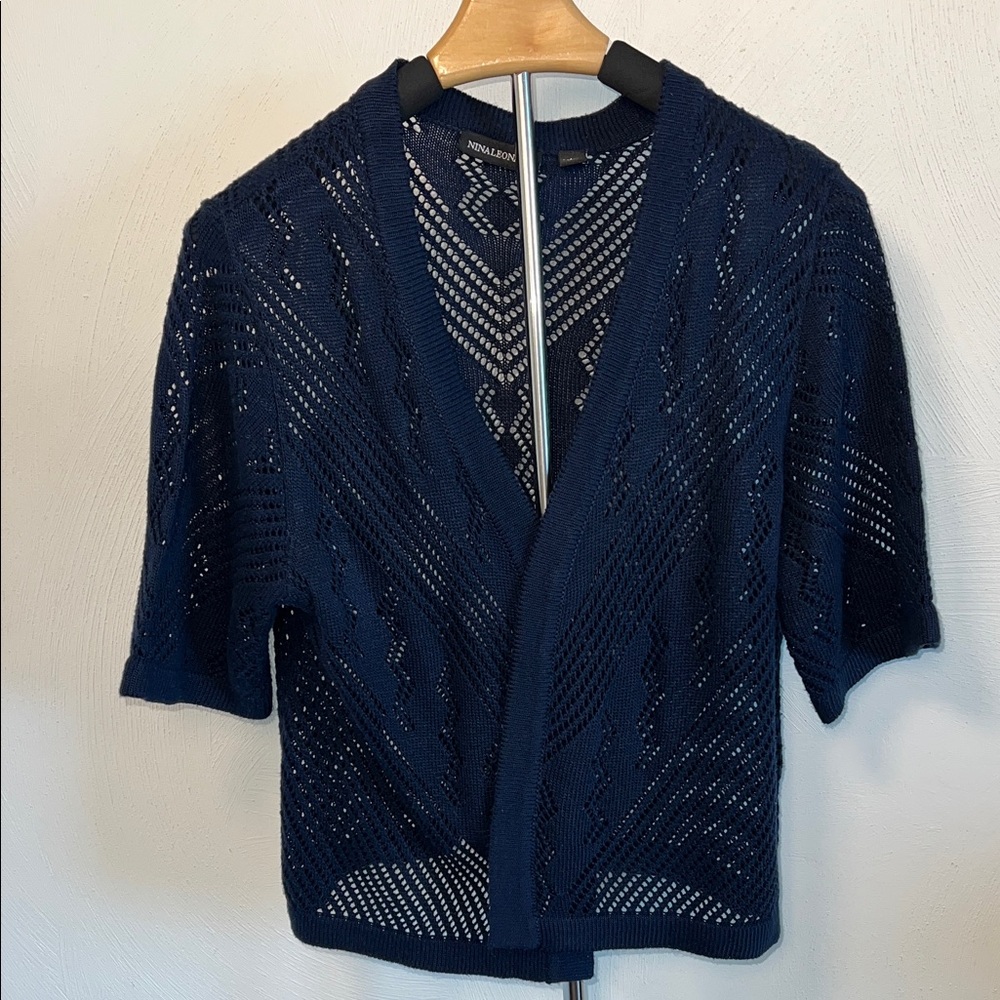 Nina Leonard Navy Open-Knit Cardigan